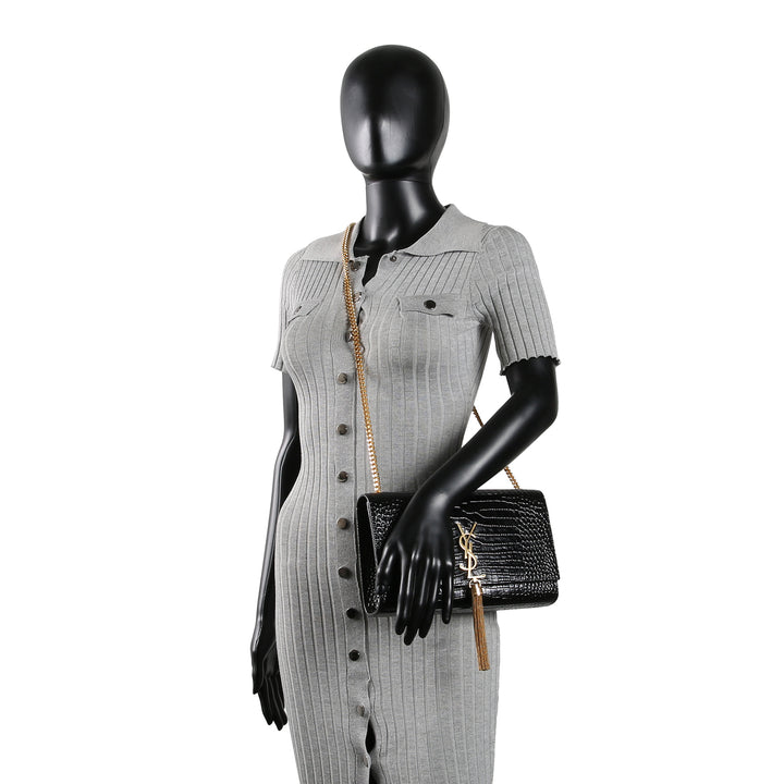 SAINT LAURENT Croc Embossed Leather Kate Tassel Bag