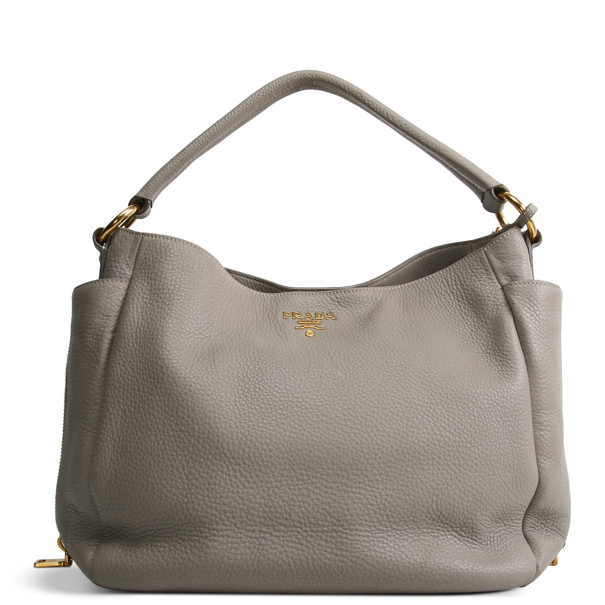 PRADA Vitello Daino Double Zip Pocket Hobo - Grey