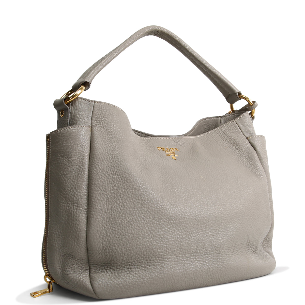 PRADA Vitello Daino Double Zip Pocket Hobo - Grey
