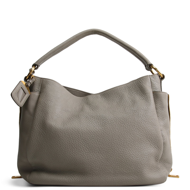 PRADA Vitello Daino Double Zip Pocket Hobo - Grey