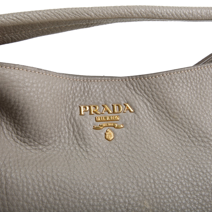 PRADA Vitello Daino Double Zip Pocket Hobo - Grey