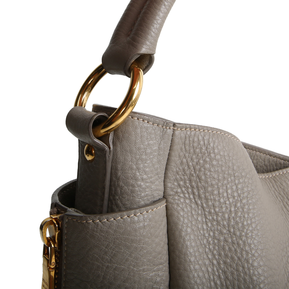 PRADA Vitello Daino Double Zip Pocket Hobo - Grey