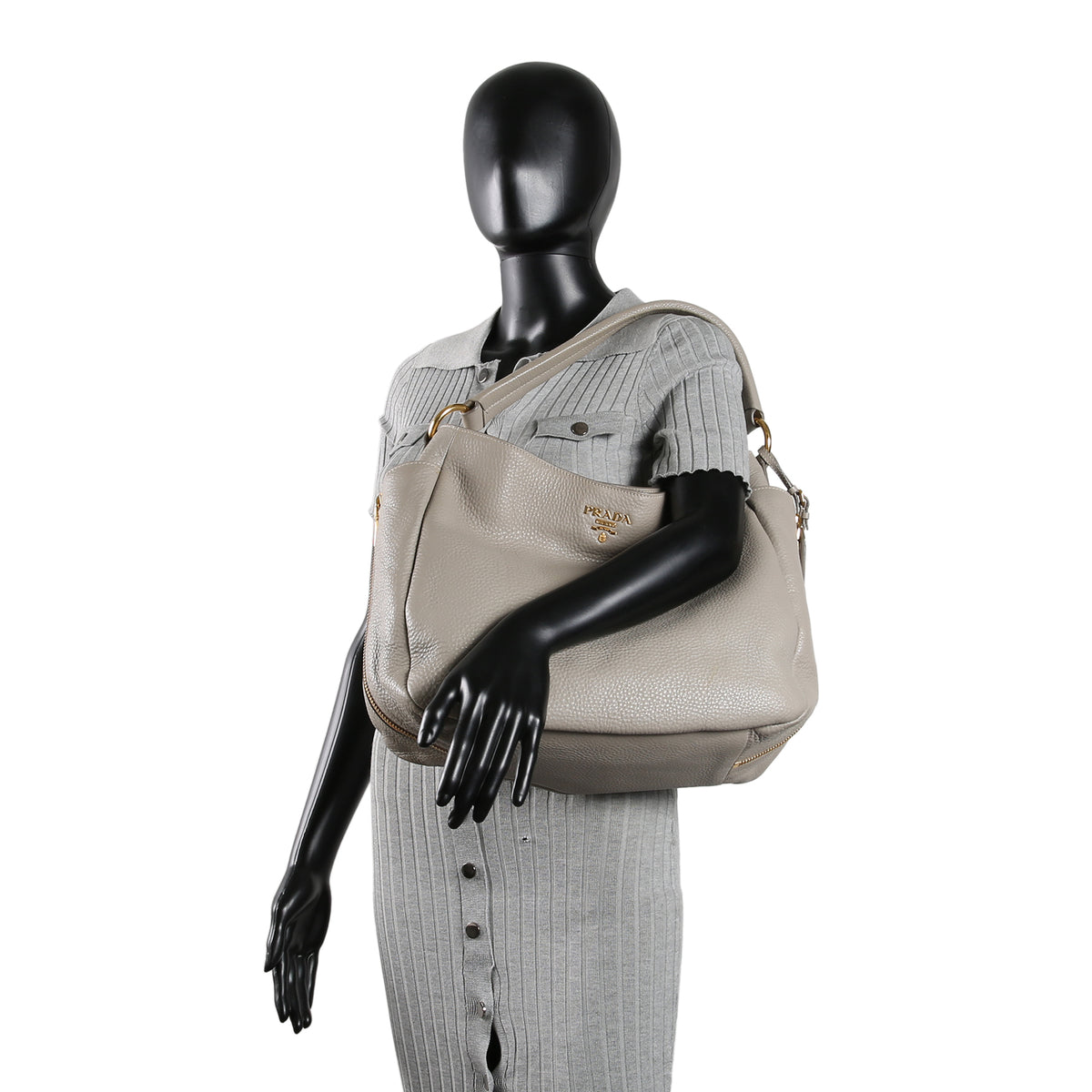 PRADA Vitello Daino Double Zip Pocket Hobo - Grey