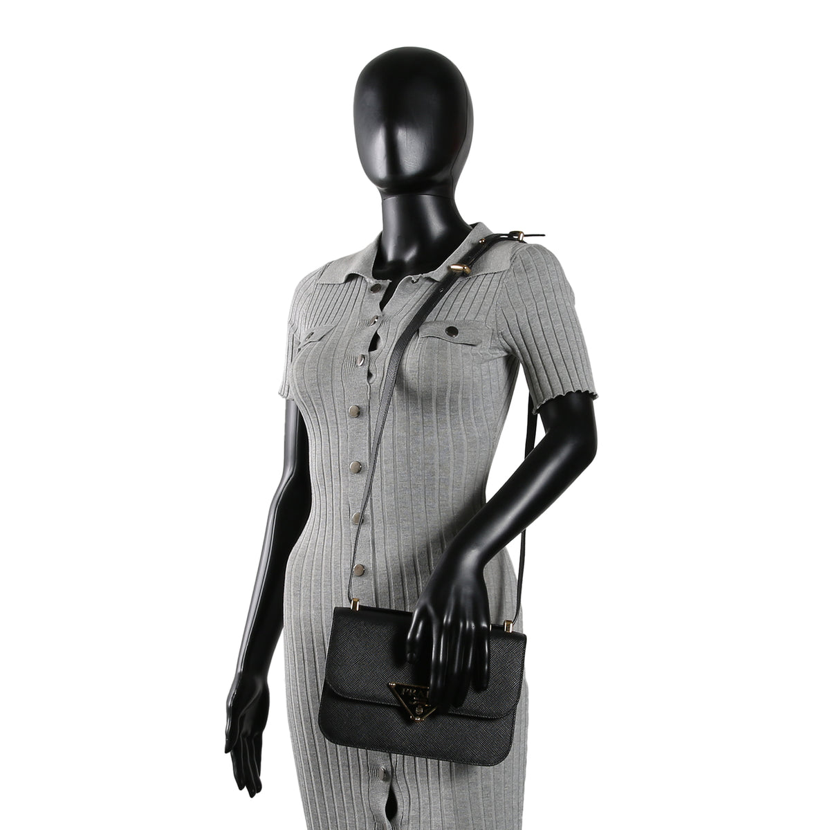 PRADA Triangle Emblem Flap Shoulder Bag - Black