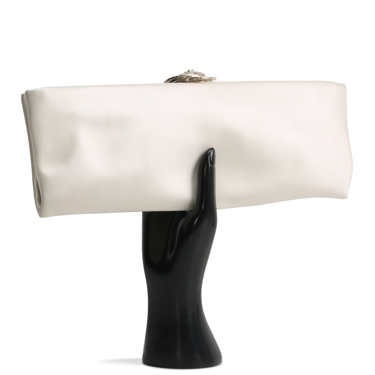 CHANEL Satin Crystal Camellia Clutch - Ivory