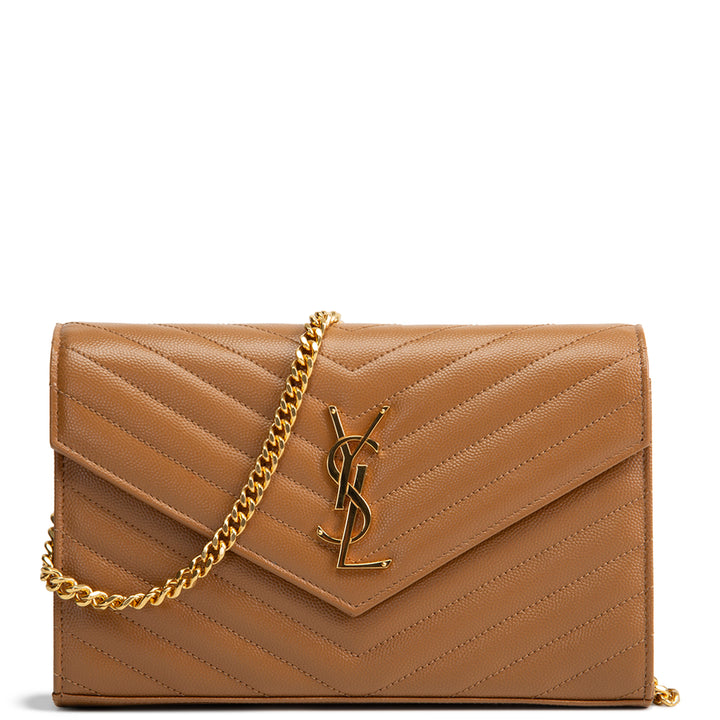 SAINT LAURENT Envelope Cassandre Wallet on Chain - Brown