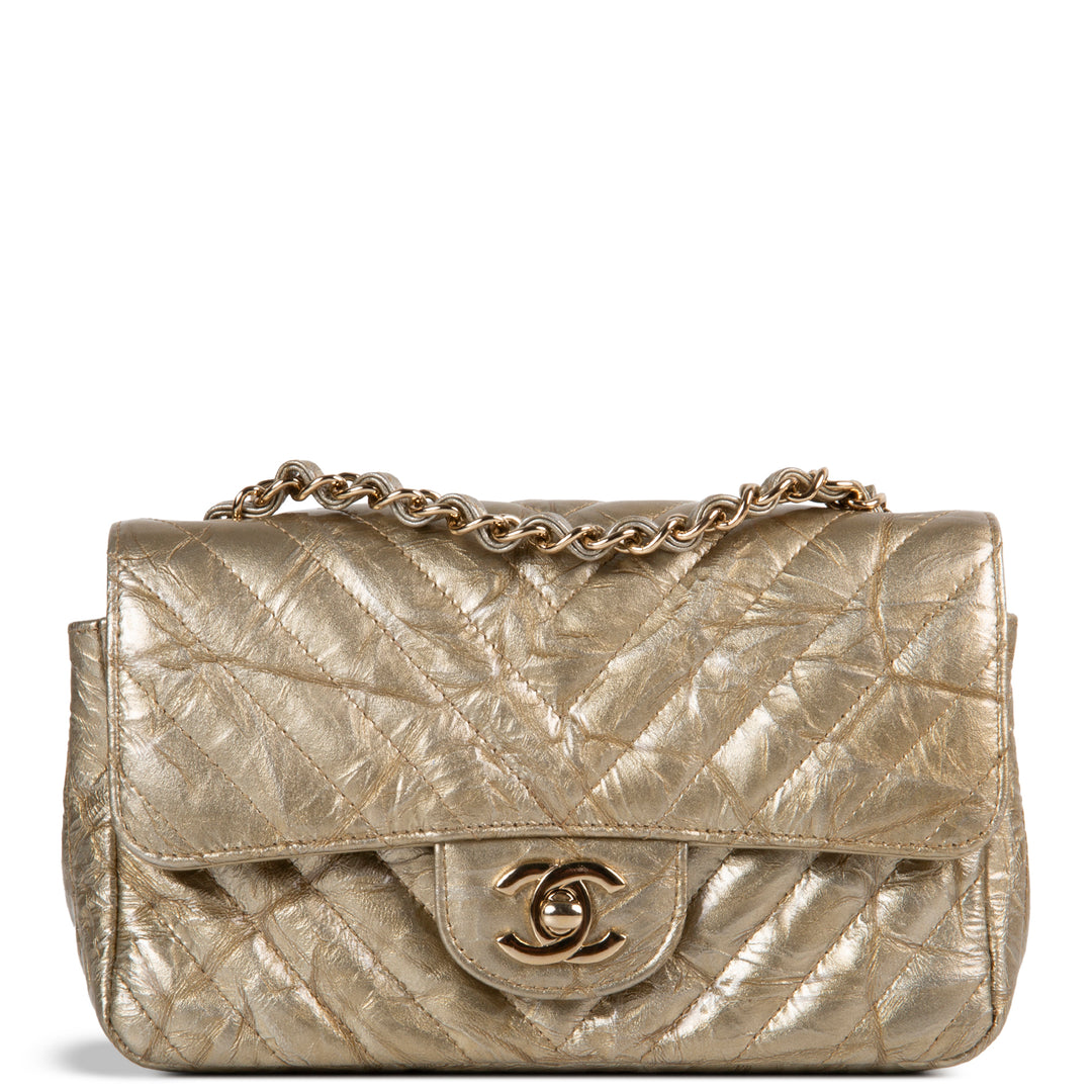 CHANEL Crumpled Patent Chevron Mini Rectangular Single Flap Bag - Metallic Gold