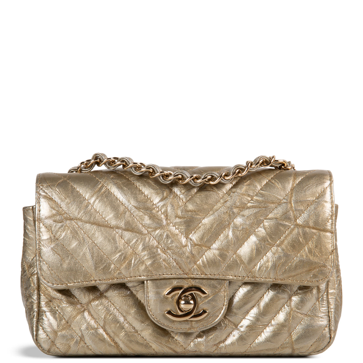 CHANEL Crumpled Patent Chevron Mini Rectangular Single Flap Bag - Metallic Gold