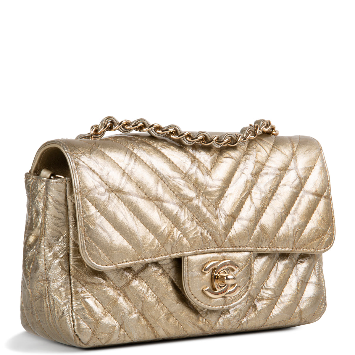 CHANEL Crumpled Patent Chevron Mini Rectangular Single Flap Bag - Metallic Gold