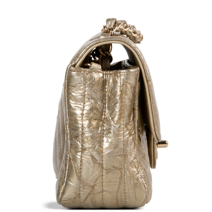 CHANEL Crumpled Patent Chevron Mini Rectangular Single Flap Bag - Metallic Gold