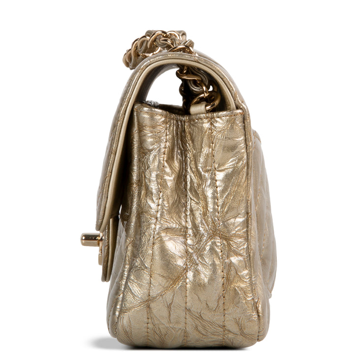 CHANEL Crumpled Patent Chevron Mini Rectangular Single Flap Bag - Metallic Gold
