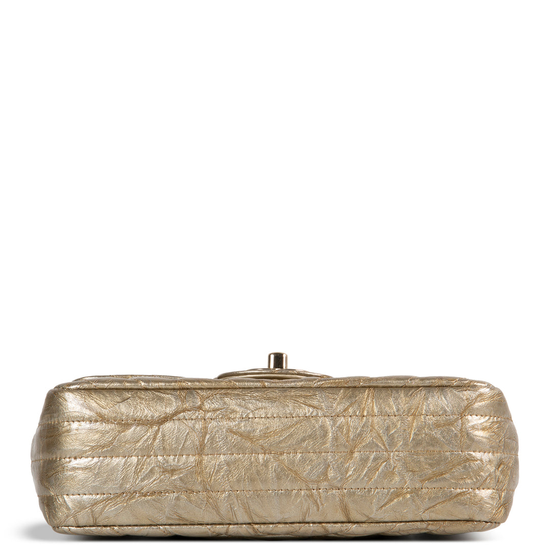 CHANEL Crumpled Patent Chevron Mini Rectangular Single Flap Bag - Metallic Gold
