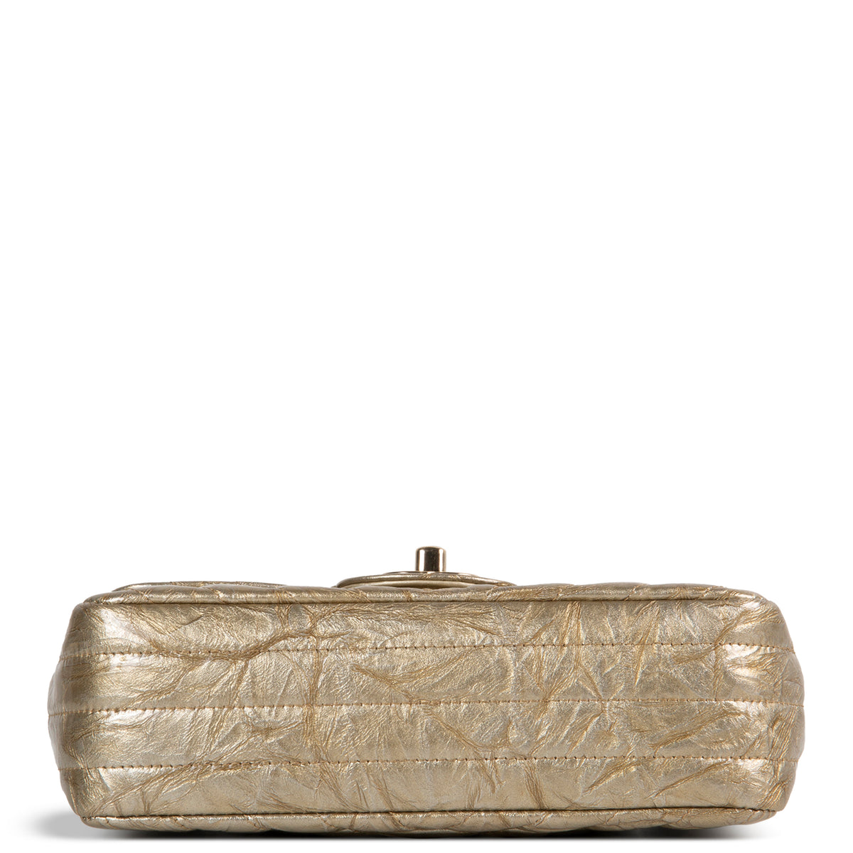 CHANEL Crumpled Patent Chevron Mini Rectangular Single Flap Bag - Metallic Gold