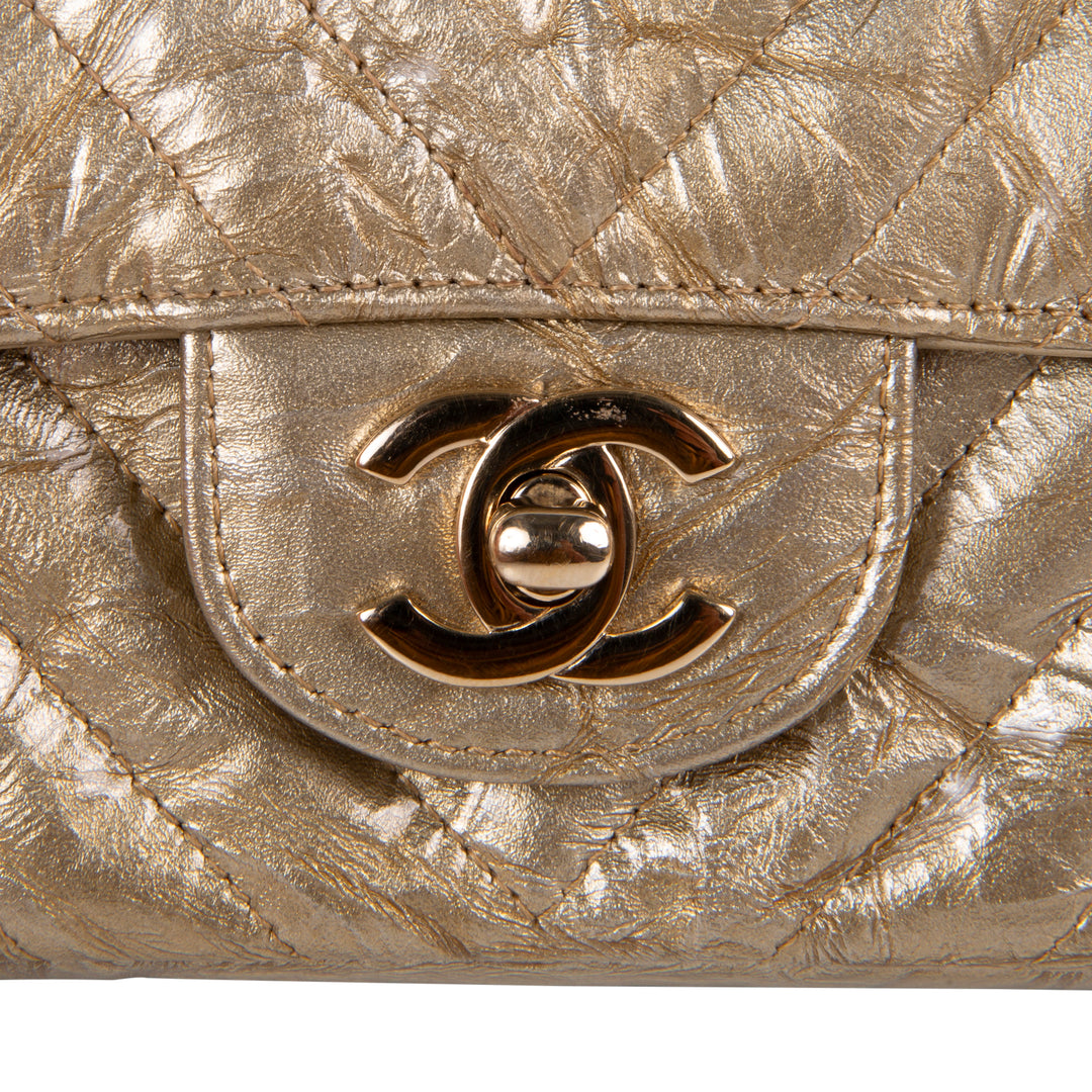 CHANEL Crumpled Patent Chevron Mini Rectangular Single Flap Bag - Metallic Gold