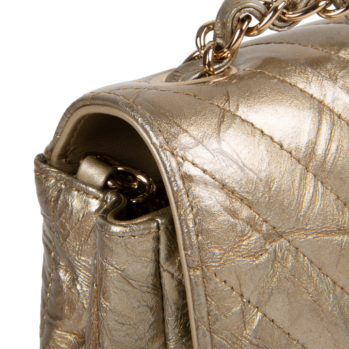 CHANEL Crumpled Patent Chevron Mini Rectangular Single Flap Bag - Metallic Gold