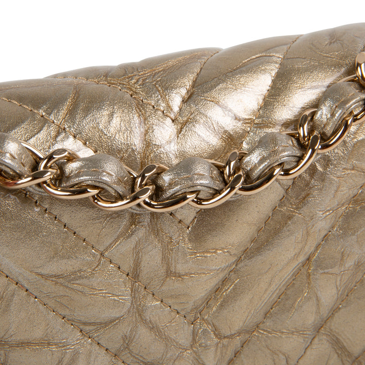 CHANEL Crumpled Patent Chevron Mini Rectangular Single Flap Bag - Metallic Gold