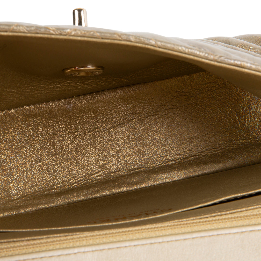 CHANEL Crumpled Patent Chevron Mini Rectangular Single Flap Bag - Metallic Gold