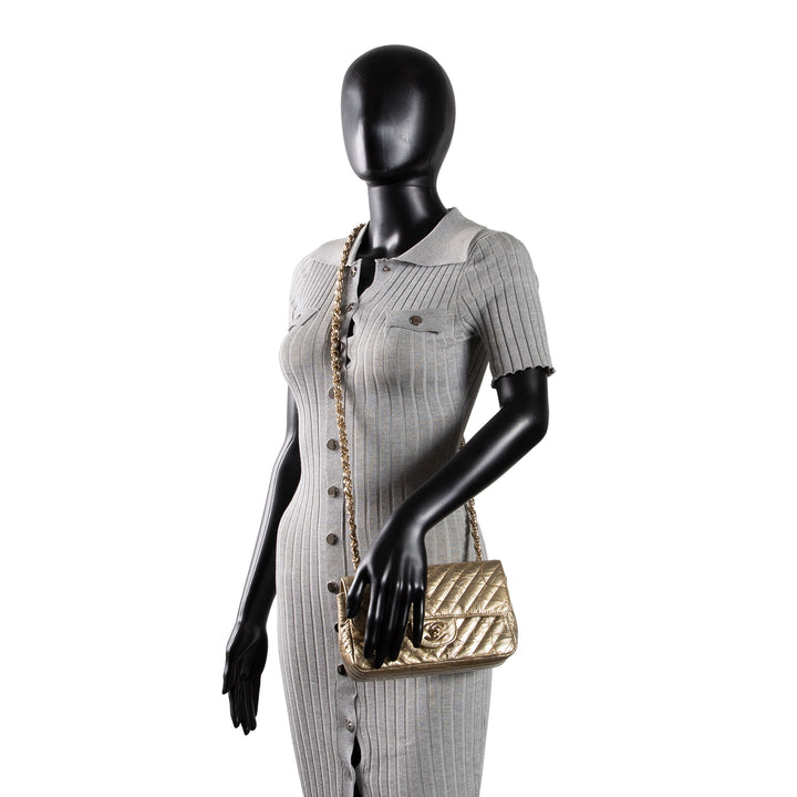CHANEL Crumpled Patent Chevron Mini Rectangular Single Flap Bag - Metallic Gold