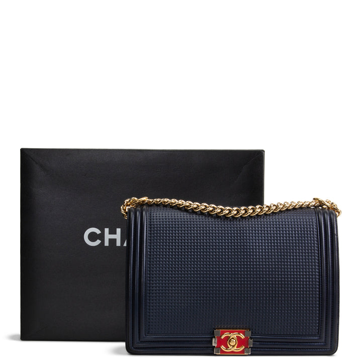 CHANEL Cubed Lambskin Embossed Large Boy Bag