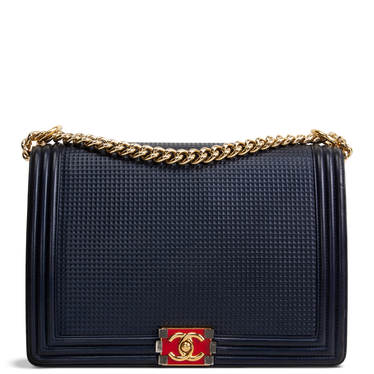 CHANEL Cubed Lambskin Embossed Large Boy Bag