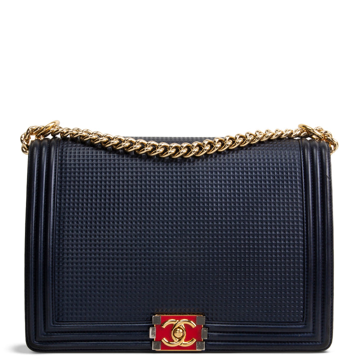 CHANEL Cubed Lambskin Embossed Large Boy Bag