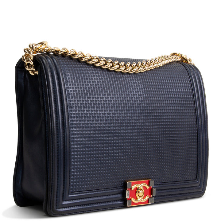 CHANEL Cubed Lambskin Embossed Large Boy Bag