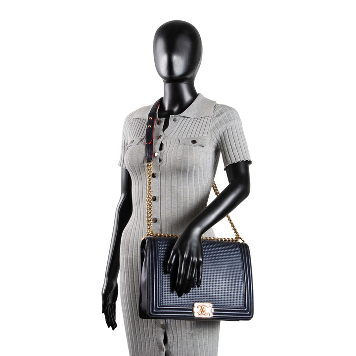 CHANEL Cubed Lambskin Embossed Large Boy Bag