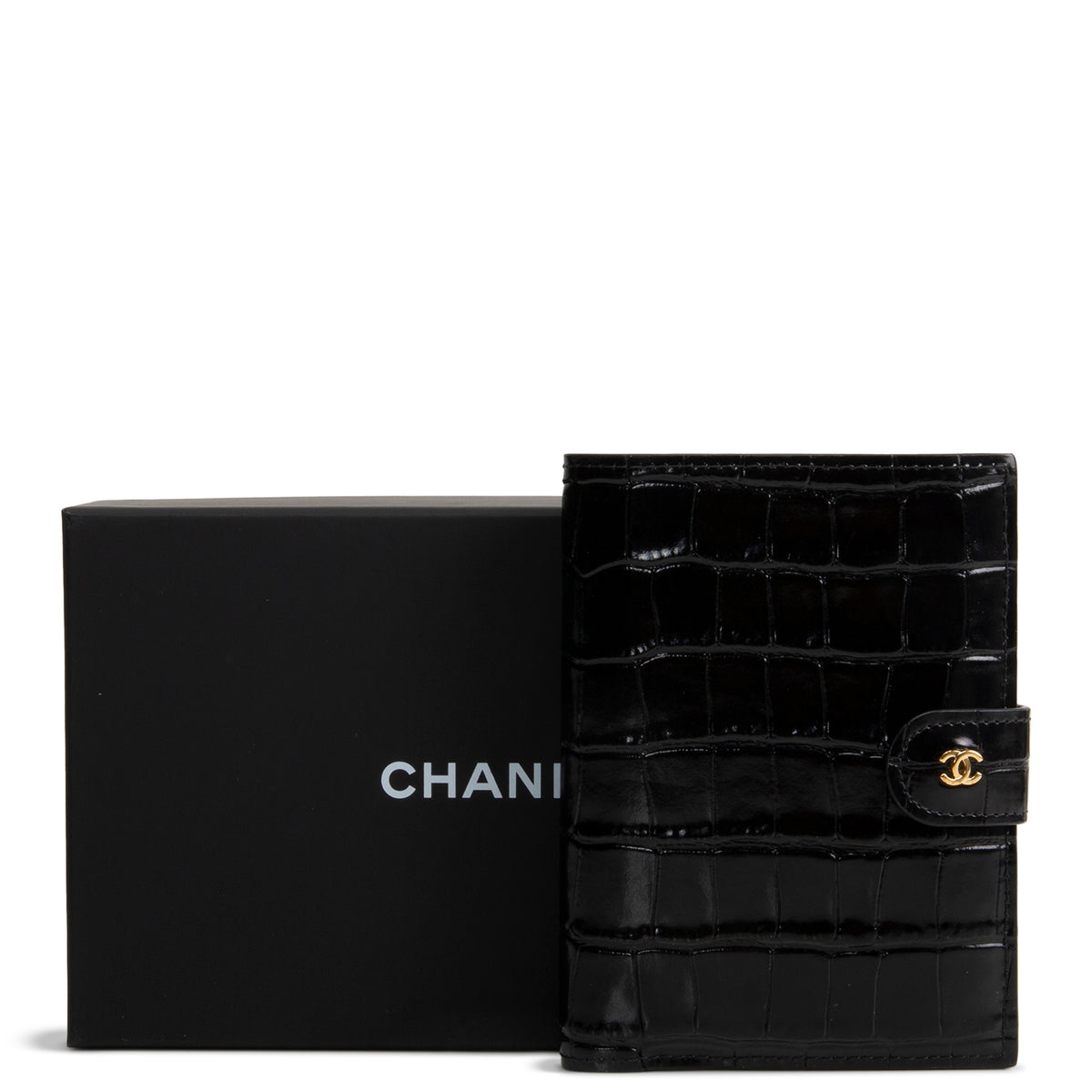 CHANEL Crococo Embossed Passport Cover - Black