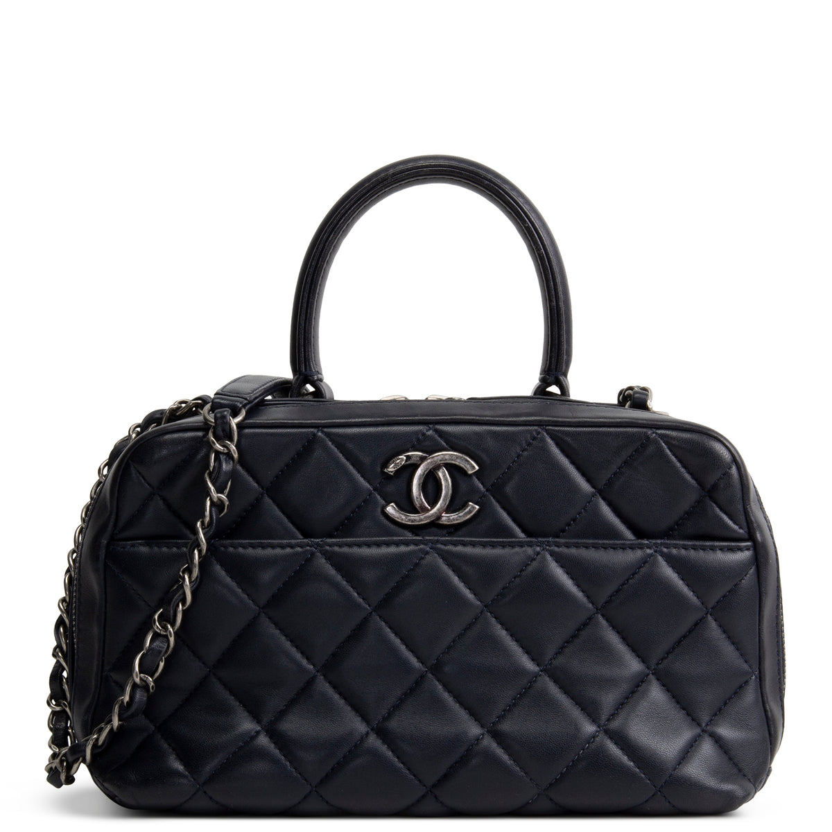 CHANEL Quilted Lambskin Trendy CC Bowling Bag - Deep Navy Blue