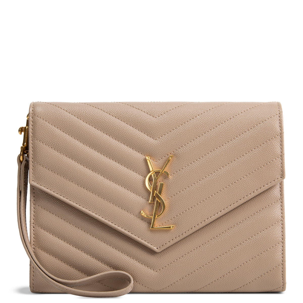 SAINT LAURENT Cassandre Flap Wristlet - Dark Beige