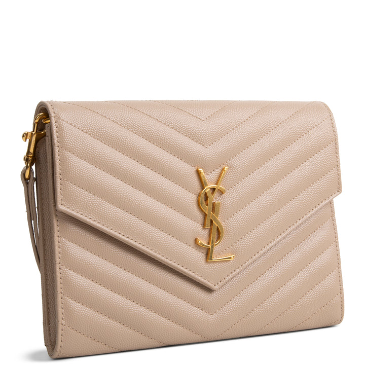 SAINT LAURENT Cassandre Flap Wristlet - Dark Beige