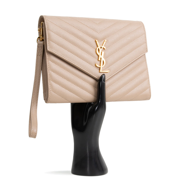 SAINT LAURENT Cassandre Flap Wristlet - Dark Beige