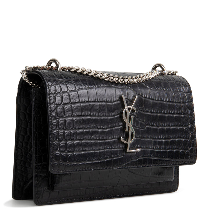 SAINT LAURENT Croc Embossed Mini Sunset - Black