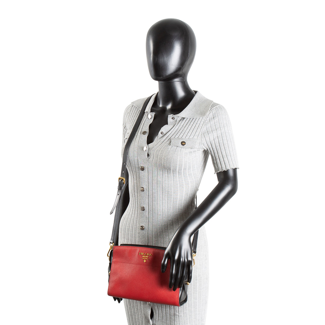 PRADA Saffiano Esplanade Shoulder Bag - Red