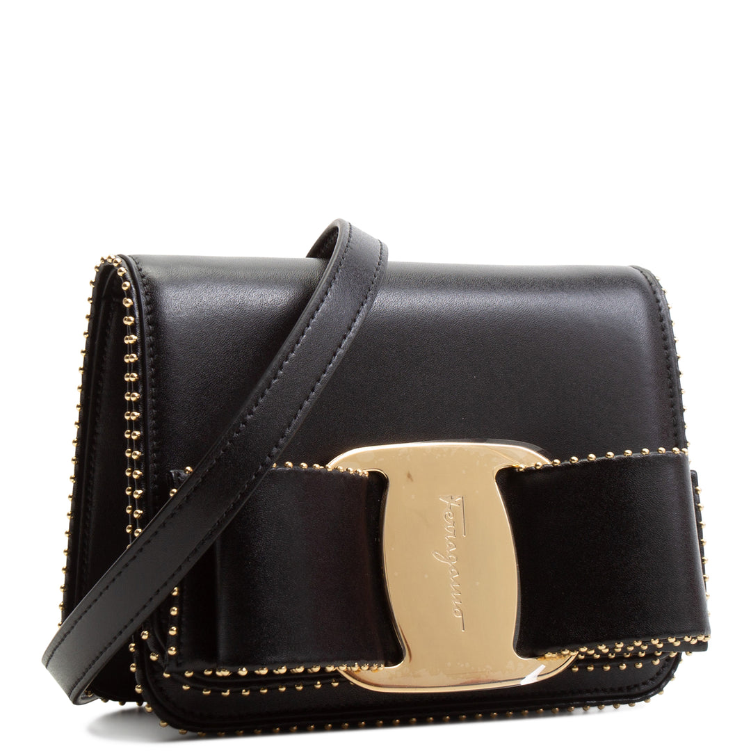 FERRAGAMO Leather Studded Vara Bow Accent Crossbody - Black