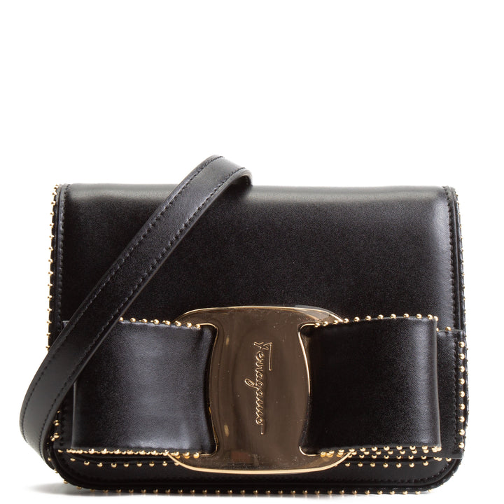 FERRAGAMO Leather Studded Vara Bow Accent Crossbody - Black