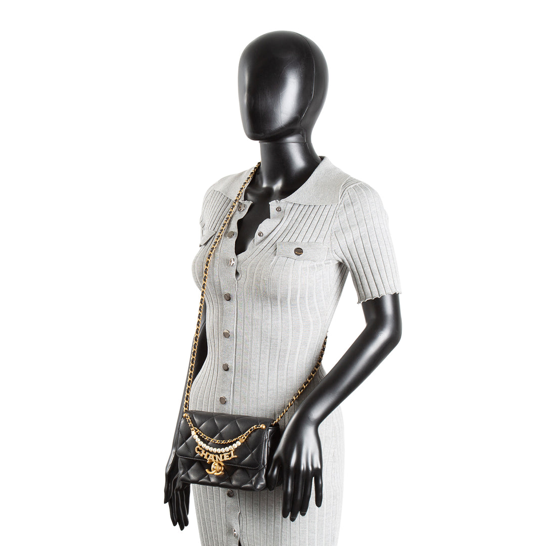 CHANEL Pearl Logo Lambskin Flap Bag - Black