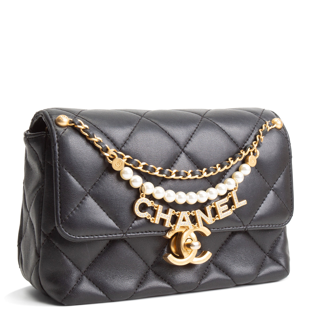 CHANEL Pearl Logo Lambskin Flap Bag - Black
