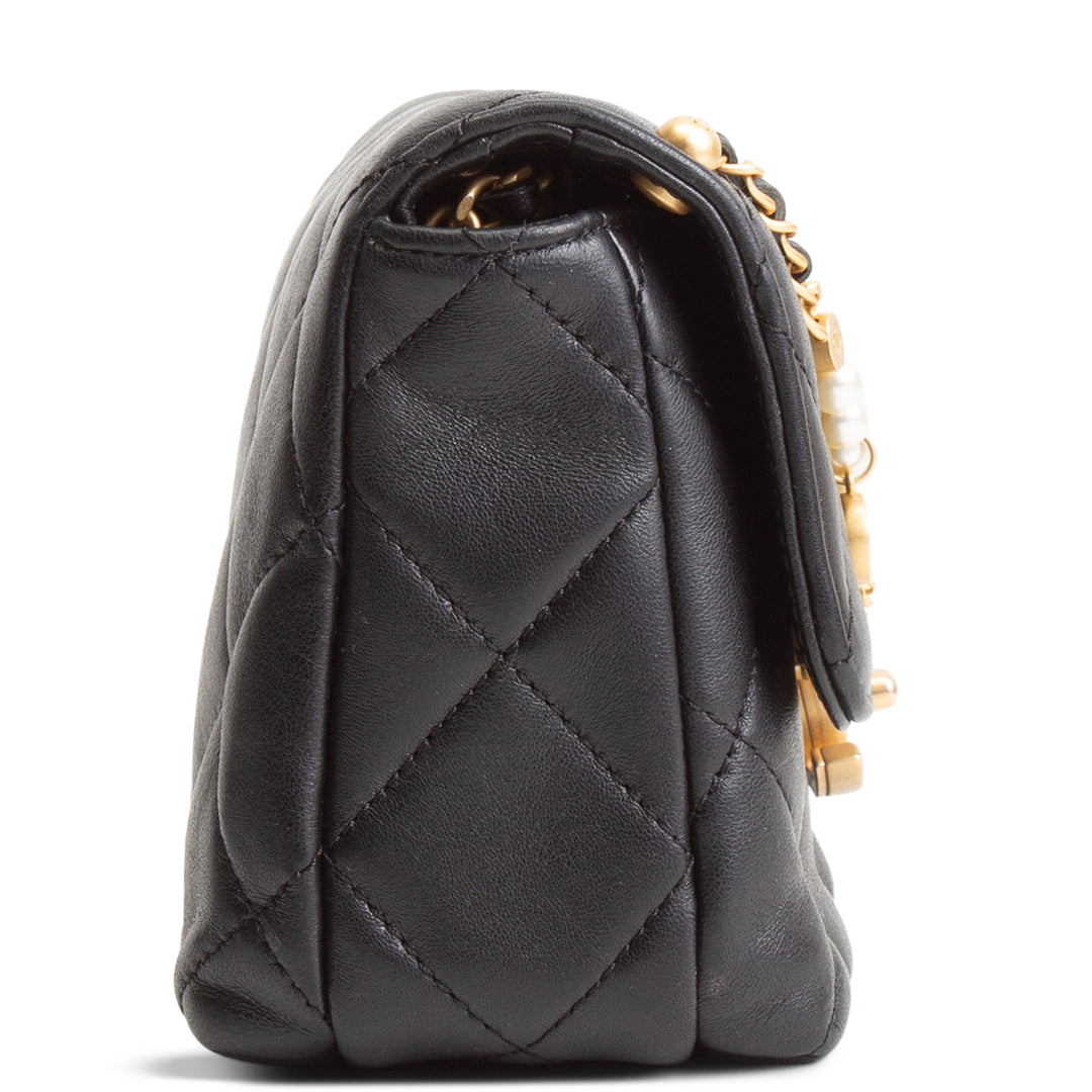 CHANEL Pearl Logo Lambskin Flap Bag - Black