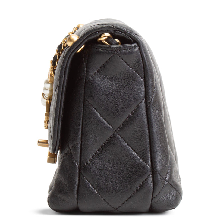 CHANEL Pearl Logo Lambskin Flap Bag - Black