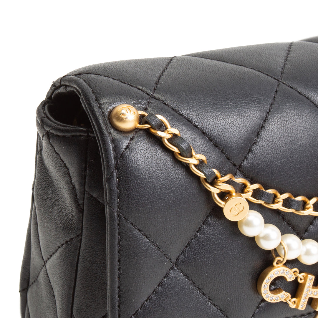 CHANEL Pearl Logo Lambskin Flap Bag - Black