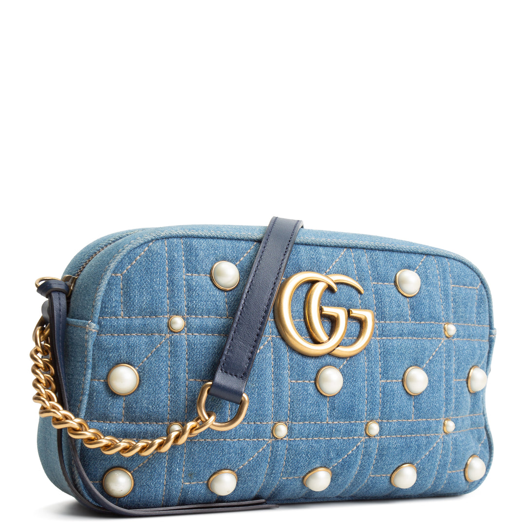 GUCCI Denim Pearly GG Marmont Camera Bag