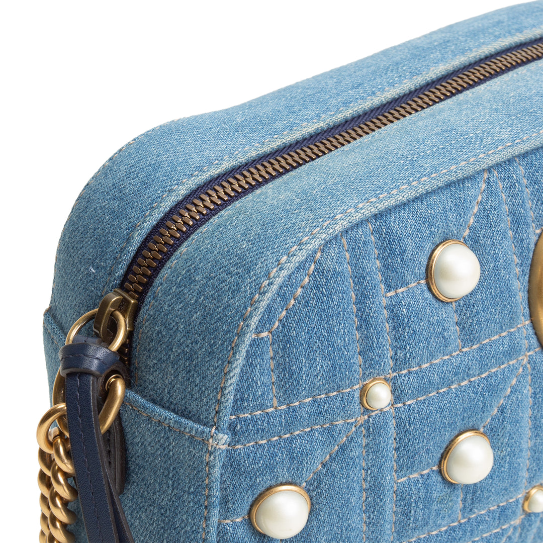 GUCCI Denim Pearly GG Marmont Camera Bag
