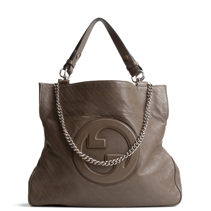 GUCCI Leather GG Blondie Tote - Olive