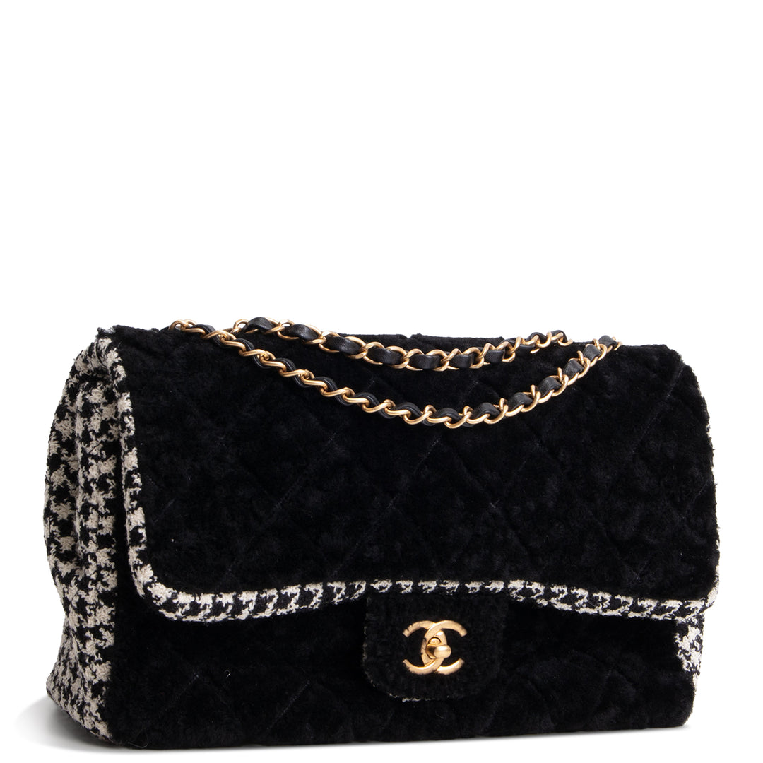 CHANEL Jumbo CC Flap Quilted Shearling & Houndstooth Tweed
