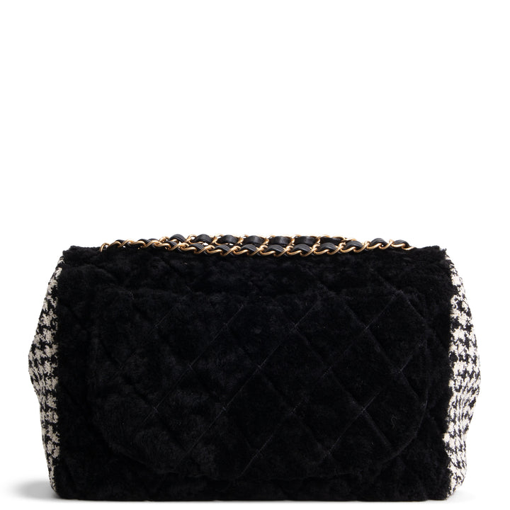 CHANEL Jumbo CC Flap Quilted Shearling & Houndstooth Tweed