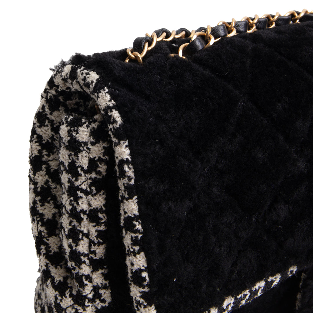 CHANEL Jumbo CC Flap Quilted Shearling & Houndstooth Tweed