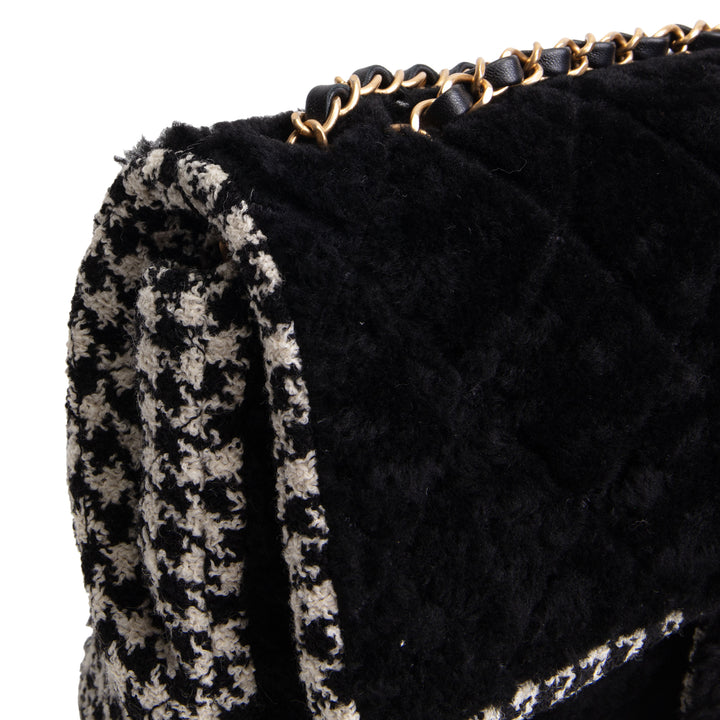 CHANEL Jumbo CC Flap Quilted Shearling & Houndstooth Tweed