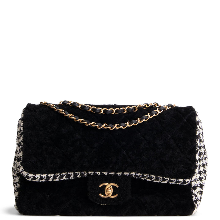 CHANEL Jumbo CC Flap Quilted Shearling & Houndstooth Tweed