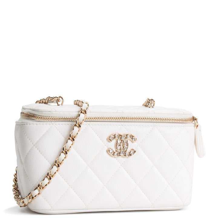 CHANEL Caviar Leather Vanity Case Crystal Hearts - White